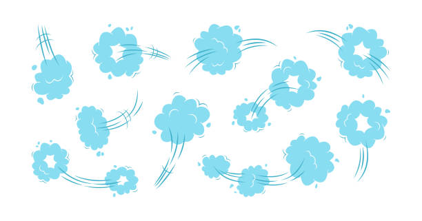 ilustrações de stock, clip art, desenhos animados e ícones de cartoon cloud jump icon, speed smoke, motion effect, whoosh blue trail, poof vector set. fast illustration - clear sky flash