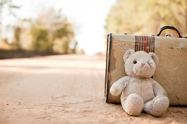 abandonado maleta con osito de peluche en carretera de tierra - travel bag old fashioned dirty fotografías e imágenes de stock