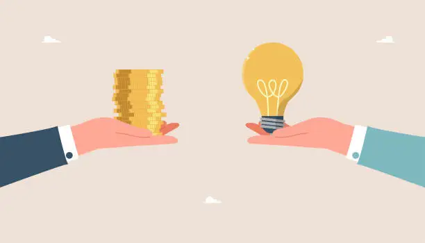 Vector illustration of Big hands holds coins and a light bulb