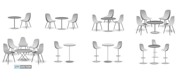 illustrazioni stock, clip art, cartoni animati e icone di tendenza di set di sedia e tavolo espositivi realistici o chiosco espositivo bianco vuoto o stand commerciale aziendale. rendering 3d - presidente