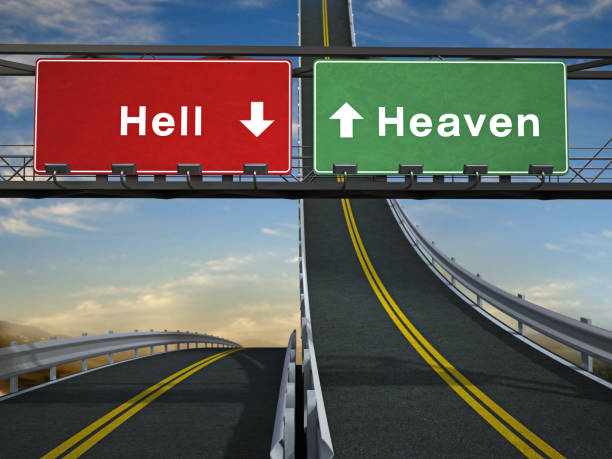 céu e o inferno sinais - heaven hell road sign sign imagens e fotografias de stock