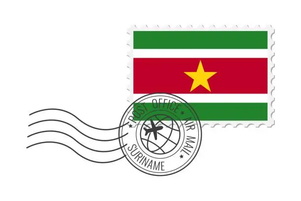 Vector illustration of Suriname postage stamp. Postcard vector illustration with Suriname national flag isolated on white background.