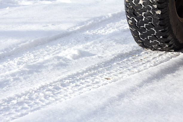 Tire Track on Snowy Road stock photo