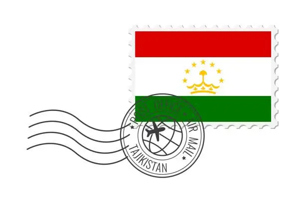 Vector illustration of Tajikistan postage stamp. Postcard vector illustration with national flag of Tajikistan isolated on white background.