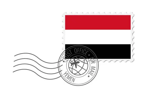 Vector illustration of Yemen postage stamp. Postcard vector illustration with Yemeni national flag isolated on white background.