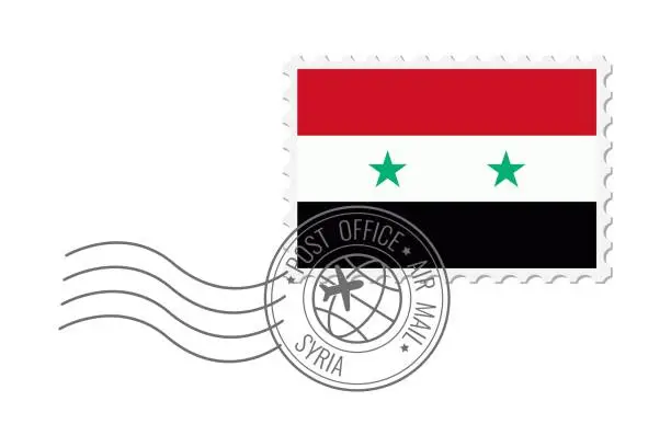 Vector illustration of Syria postage stamp. Postcard vector illustration with Syrian national flag isolated on white background.