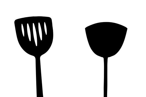 Black and white silhouette of kitchen utensils.
