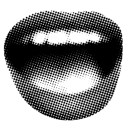 Retro halftone mouth. Modern collage. Woman's smile. Pop art dotted style. Laughing mouth. Trendy vintage newspaper parts. Lips with halftone texture. Paper cutout element. Y2K style. Body part