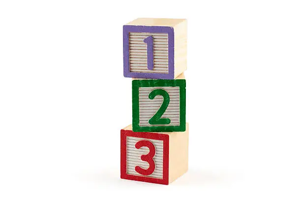 Photo of Three numbered building blocks on white background