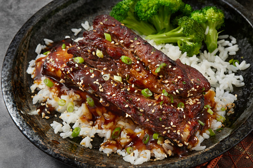 Korean Style Sticky Beef Ribs with Rice, Steamed Broccoli and Scallions