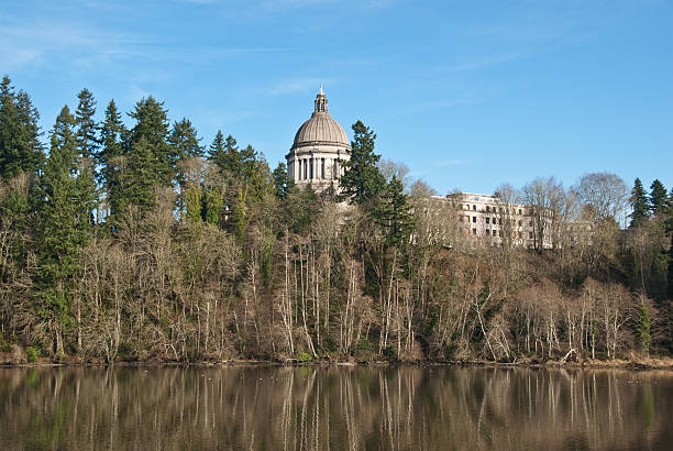 Washington State Capitol Building and Lake After Olympia became the capitol city of Washington Territory in 1853, the city's founder, Edmund Sylvester, gave the legislature 12 acres of land upon which to build the capitol, located on a hill overlooking what is now known as Capitol Lake. A two-story wood-frame building was constructed on the site, where the legislature met starting in 1854. When work started on a permanent capitol it was soon stalled by poor economic conditions. Meanwhile Washington became the forty-second US state on November 11, 1889. When the state legislature finally approved an appropriation of additional funds in 1897, newly elected Governor John Rogers vetoed it. Eventually a new State Capitol Commission was formed in 1911. This time, the commission was interested in constructing a campus to serve as the capitol rather than a single facility and selected a design that was influenced by the famous Olmsted brothers who served as design consultants from 1911 to 1912. Construction of the campus began in 1912 with the Olmsteds designing and supervising the landscaping. The Legislative Building was completed in 1928. The Capitol Campus was placed on the National Register of Historic Districts in 1974. The campus has some of the most iconic views in the State including the Olympic Mountains, Puget Sound, Mt. Rainier and the Capitol Dome. jeff goulden government building stock pictures, royalty-free photos & images