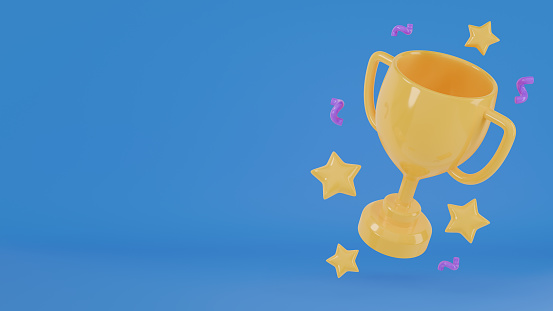 Cartoon yellow winner cup with stars and confetti on blue background. Trophy awards. 3D rendering