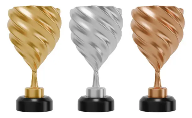 Photo of Golden, silver and bronze winner cup set. Realistic trophy awards. 3D rendering.