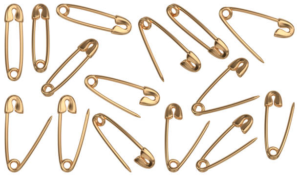 istock Realistic open and closed golden sewing safety pins in different positions. 3D rendered image set. 1833684528