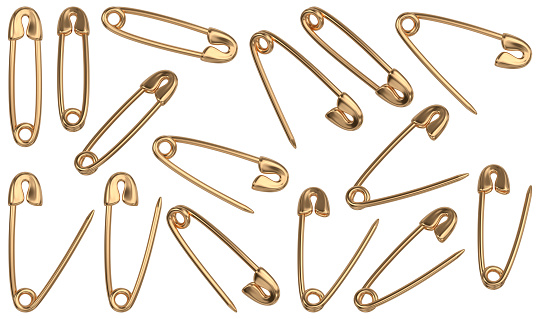 Realistic open and closed golden sewing safety pins in different positions. 3D rendered image set