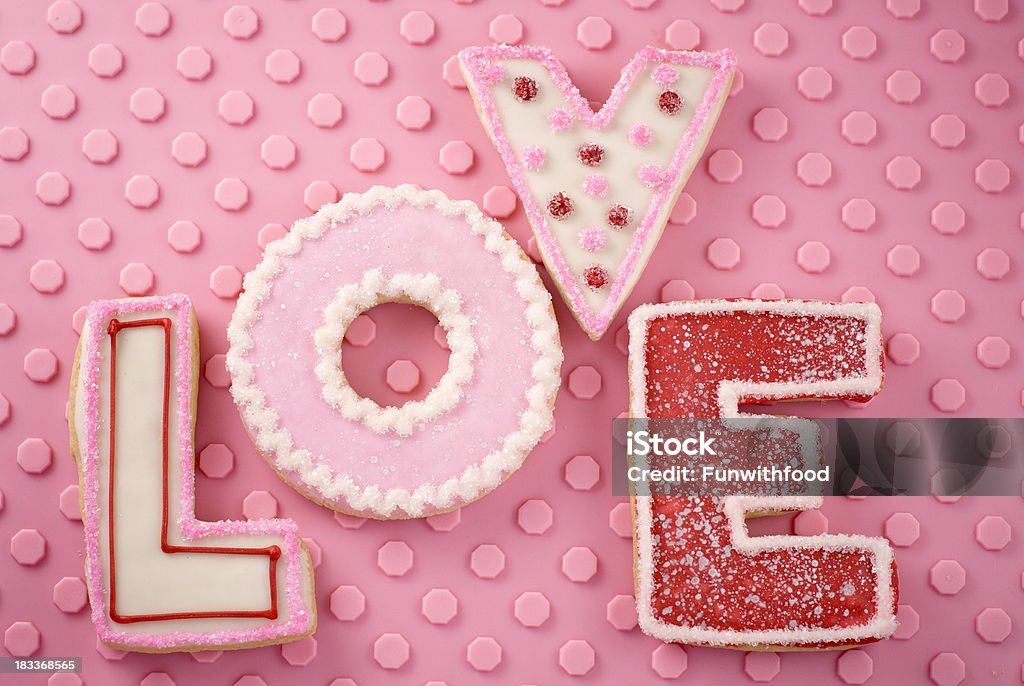 Dia dos Namorados amor Cookie presente texto letras & doces, fundo de comida - Foto de stock de Amor royalty-free
