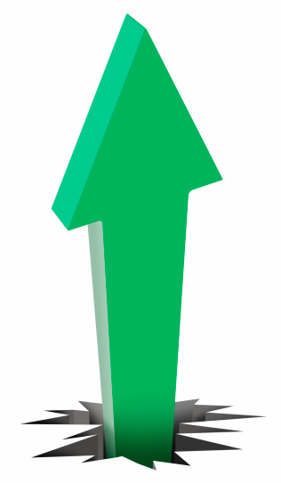 An upward thrusting green arrow bursting through.