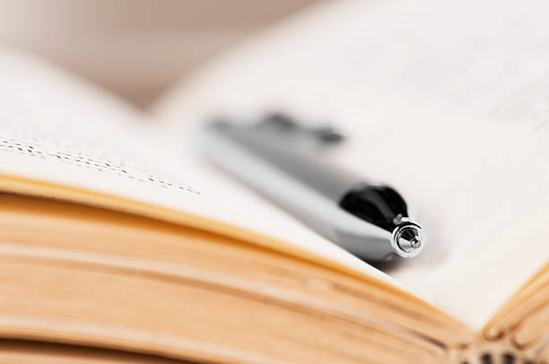 istock Ballpoint pen lying on open book with copy space 183368856