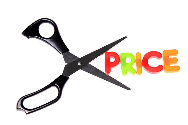 istock A pair of open scissors cutting the word price. 183370188