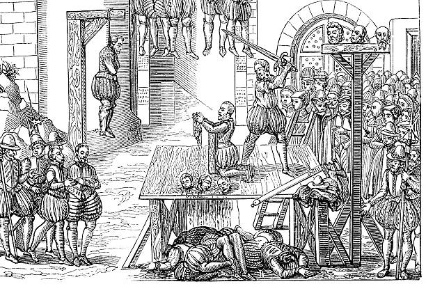 Engraving medieval execution with sword  executioner stock illustrations