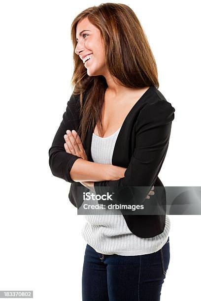 Glücklich Lächelnde Junge Frau Die Seitenansicht Stockfoto und mehr Bilder von Frauen - Frauen, Weißer Hintergrund, Profil