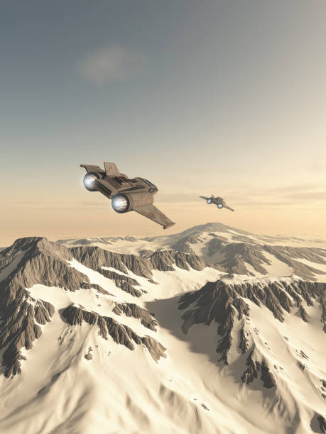 istock Single Seater Star Fighter Spaceships Patrolling Snowy Mountains 1833712622