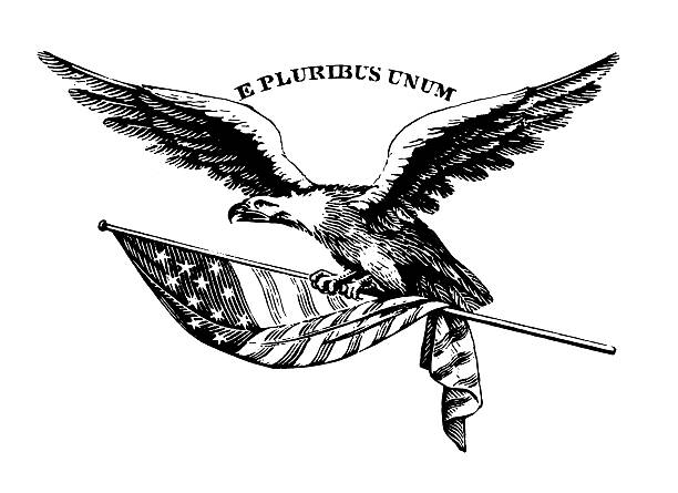 American Eagle | Early Woodblock Illustrations "Antique engraving of an American eagle and a coat of arms, isolated on white. Very high XXXL resolution image scanned at 600 dpi. Published by Bruce's New York Typefoundry (George Bruce's Sons) in 1882. CLICK ON THE LINKS BELOW TO SEE SIMILAR IMAGES:" black family crest stock illustrations