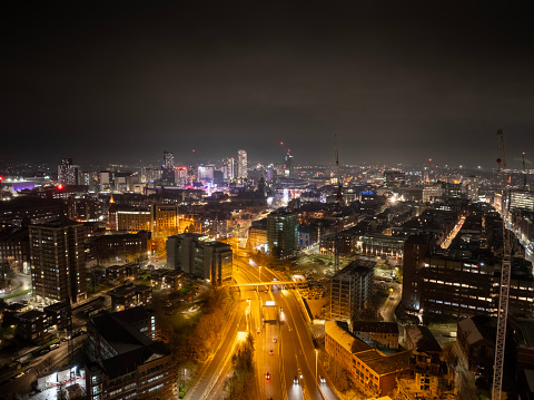 Aerial City Scape at Night of Leeds, Yorkshire Uk