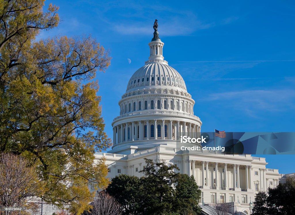 United States Capitol Dome en Autum bajo cielo azul - Foto de stock de Washington DC libre de derechos