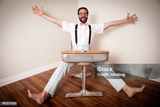 Crazy Happy Nerdy Man Student Sitting In School Desk Stock Photo - Download Image Now