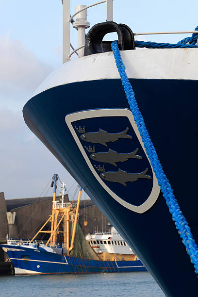 Scheveningen' coat of arms on a ship's bow "official coat of arms of Scheveningen on the bow of a fishing trawler in the harbour of Scheveningen; The Hague, Netherlands" fish trawler stock pictures, royalty-free photos & images
