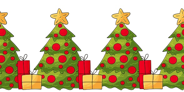 New Year seamless border. Cartoon Christmas trees. Vector