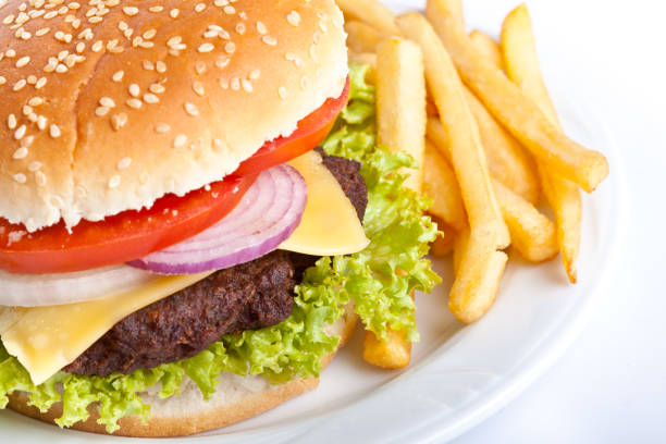 istock Fresh hamburger with fries on white plate 183374202