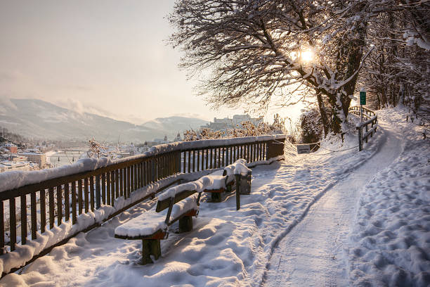 Sunny morning after a December snow storm in the historic city of Salzburg Austria.