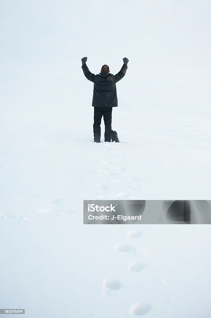 Un hombre de negocios en tormenta de nieve aclamando o darle los retos - Foto de stock de Abierto libre de derechos