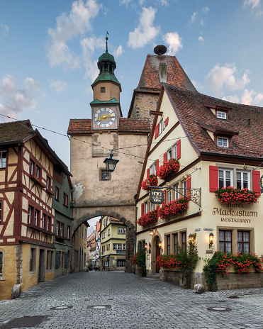 Röder street and Markus Tower, a landmark of the beautiful fairytale Rothenburg ob der Tauber, Bavaria