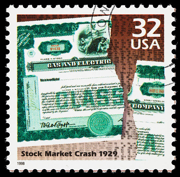 Stock market 1929 crash postage stamp "United States postage stamp with an illustration of a torn stock certificate, symbolizing the October 1929 stock market crash." 1920 1929 stock pictures, royalty-free photos & images