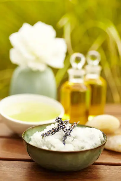 Photo of Exfoliation salt scrub at spa with lavender