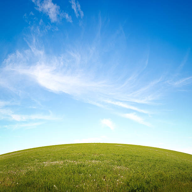 Grassy Hill & Sky Fluffy clouds over a grassy hill. Stitched panorama.Easily crops to suit either landscape or portrait documents. fish eye lens stock pictures, royalty-free photos & images