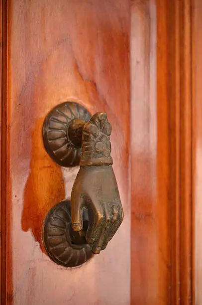 Just reach out and shake the hand on this interesting door knocker.