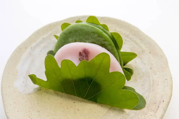 Sakuramochi and Kusamochi (Bean paste rice cake wrapped in a beech leaf)