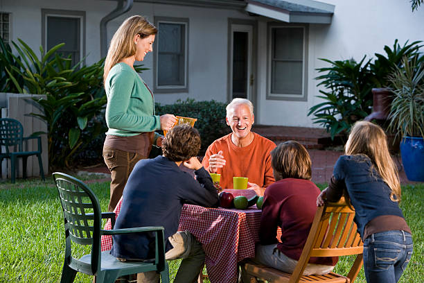 Family with three children, happy conversation
