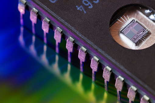 Macro Close up of computer RAM chip; random access memory chip slot for PC motherboard