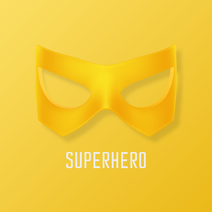 Vector Yellow Super Hero Mask. Face Character, Superhero Comic Book Mask Closeup Isolated with Shadow in Front View. Superhero Photo Prop, Carnival Face Mask, Glasses. Comic Book Concept.
