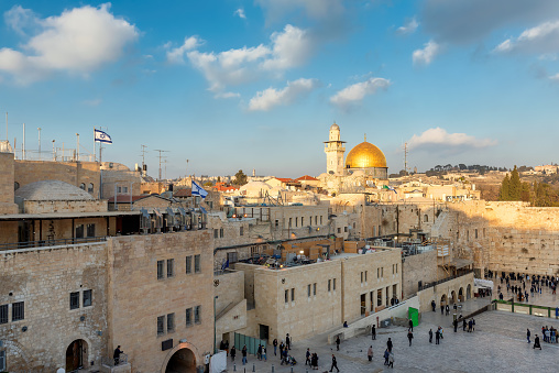 Temple Mount in the old city of Jerusalem at sunset, with Western Wall and Dome of the Rock. Jerusalem, Israel