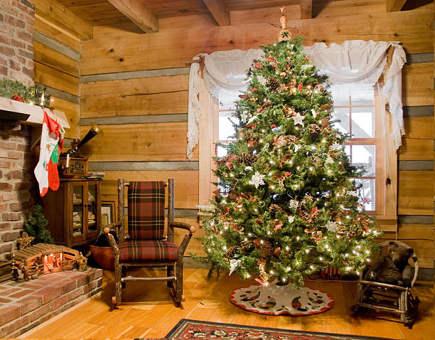 Close-up of decorated Christmas tree with seashell ornaments in elegant building interior