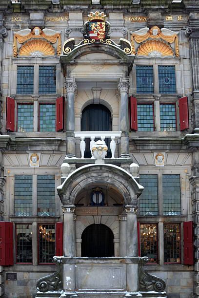 facade of Delft's Town Hall in winter "facade of Delft's Town Hall in Renaissance style by architect Hendrick de Keyser; Delft, Netherlands" delft winter netherlands snow stock pictures, royalty-free photos & images