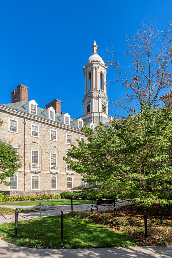 Boston, Massachusetts, USA - May 13, 2021: Baker Library on the Harvard Business School (HBS) campus. Dedicated in 1927 and named for George F. Baker, the benefactor who funded HBS's original campus. It is the largest business library in the world.