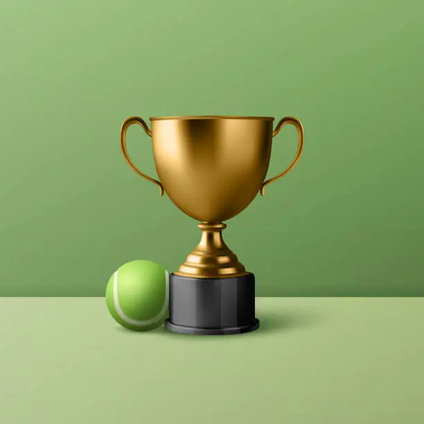 Vector illustration of Vector 3d Realistic Blank Golden Champion Cup Icon with Tennis Ball Set Closeup on Green Background. Design Template of Championship Trophy. Sport Tournament Award, Gold Winner Cup and Victory Concept