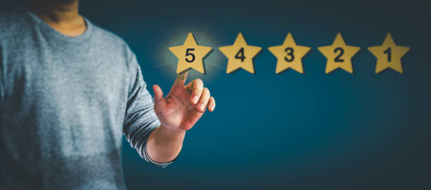 istock Stored customer experience Male hand showing excellent five-star rating on copy space background. 1833801053